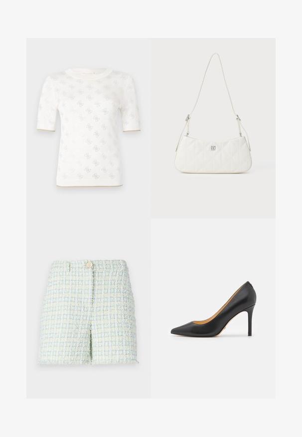 Strikket hvid kortærmet top med subtile mønstre, der har en rund halsudskæring og et guldaccent ved kanten. Teksturen fremstår let og åndbar.; Tweed shorts i lyseblå og bleg gul med et struktureret rutemønster. Har en frontknaplukning og en skræddersyet pasform.; Sort læder spidse stiletto hæle med høj hæl, der har en glat overflade og minimalistisk design. Indersiden er foret i tan farve.; Hvid quiltet håndtaske med en glat overflade, der har et sølvfarvet logo og en tynd justerbar skulderrem. Elegant buet form.