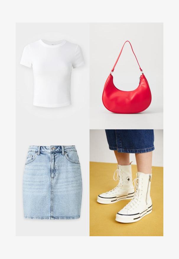 Weißes, kurzärmeliges, cropped T-Shirt mit Rundhalsausschnitt, auf einem neutralen, hellen Hintergrund präsentiert.; Hellblauer Jeans-Minirock mit Frontknopf, Gürtelschlaufen, zwei Vordertaschen und sichtbarer vertikaler Naht in der Mitte.; Weiße High-Top-Sneaker mit Reißverschluss, Schnürdesign und schwarzen Streifenakzenten auf einer dicken Sohle. Texturiertes Canvas-Material.; Rote synthetische Leder-Schultertasche mit geschwungener Form, schmalem Gurt und Zipverschluss. Glatte Textur mit sichtbaren Nähtedetails.