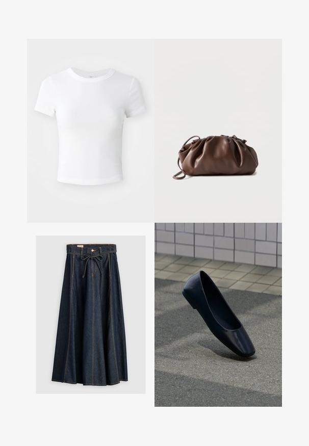 T-shirt courte à manches courtes, blanche, avec un col rond, présentée sur un fond neutre et lumineux.; Levi's® XL SKIRT - Jupe en jean - square circle; Chaussure plate en cuir noir debout sur une surface asphaltée près du bord d'un trottoir carrelé.; Sacoche en cuir marron doux avec un haut froncé et une fine bandoulière, posée sur un fond blanc.