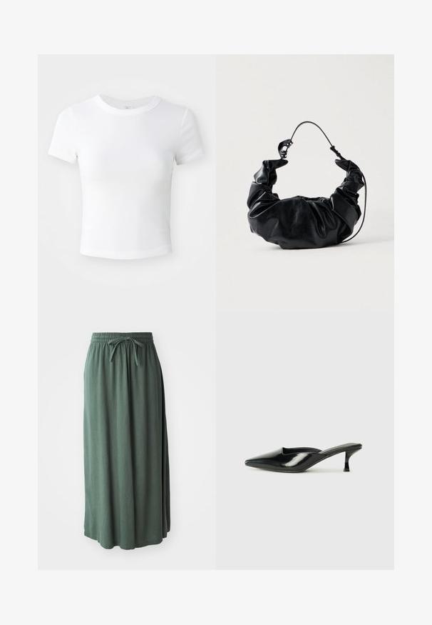 Simpel hvid kortærmet cropped t-shirt med rund halsudskæring, præsenteret på en neutral lys baggrund.; Grøn, mellemlang nederdel lavet af blødt stof med elastisk talje og justerbar snøre; glat tekstur og enkelt design.; Sorte patenterede lædermules med spids tå, lav kittenheel og buede sider, der har en glansfuld finish og minimalistisk design.; Sort faux læder handbag med et blødt, samlet design og et fleksibelt håndtag, der fremviser en glat tekstur og en subtil glans.
