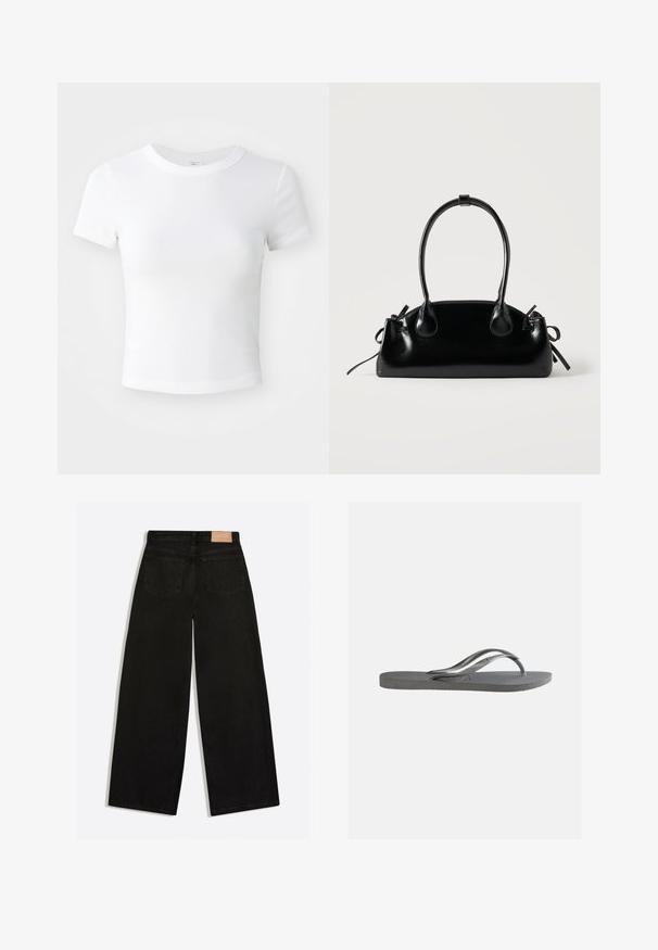 Simpel hvid kortærmet cropped t-shirt med rund halsudskæring, præsenteret på en neutral lys baggrund.; Sorte vidde jeans set bagfra med to baglommer og en brun lædermærke på linningen.; Flad grå klip-klap sandal med tekstureret sål og tynde Y-formede stropper, vist fra siden mod en ensfarvet lys baggrund.; Lille sort blank håndtaske med to lange håndtag og snøre-detaljer i siden på en ensfarvet lys baggrund.