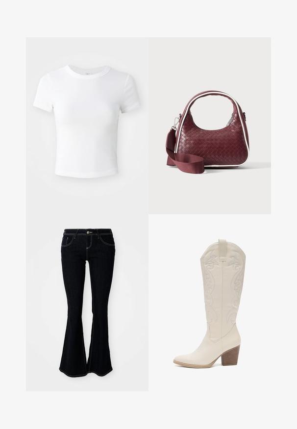 Effen witte cropped t-shirt met korte mouwen en ronde hals, weergegeven op een neutrale lichte achtergrond.; Flared donkergewassen jeans met een hoge taille, voor- en achterzakken, en contrasterende gele stiksels op de naden.; Kniehoge witte leren cowboylaars met geborduurde bloemenpatronen, puntige neus en een gestapelde houten hak. Zachte textuur en gestroomlijnd ontwerp.; Donkerrode geweven leren handtas met gebogen handvat, witte bies, zilveren rits en afneembare brede stoffen schouderriem tegen een effen achtergrond.