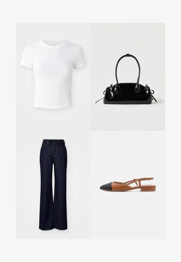 Effen witte cropped t-shirt met korte mouwen en ronde hals, weergegeven op een neutrale lichte achtergrond.; Donkerblauwe ruime spijkerbroek van denim, met hoge taille, voorzakken en een striksluiting in de taille.; Steve Madden BELINDA - Slingback ballerina´s - brown/black; Kleine zwarte glanzende handtas met twee lange hengsels en zijkant trekkoord details op een effen lichte achtergrond.