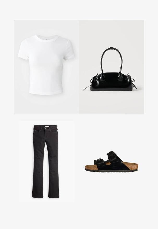 Weißes, kurzärmeliges, cropped T-Shirt mit Rundhalsausschnitt, auf einem neutralen, hellen Hintergrund präsentiert.; Schwarze Jeans aus Denim mit geradem Bein, normaler Taille, fünf Taschen und dezenten Steppdetails.; Schwarze Lackledersandalen mit zwei verstellbaren Riemen, Korkfußbett und Gummisohle, die eine glatte Struktur und ein minimalistisches Design aufweisen.; Kleine schwarze glänzende Handtasche mit zwei langen Griffen und seitlichen Kordelzug-Details vor einfachem hellem Hintergrund.