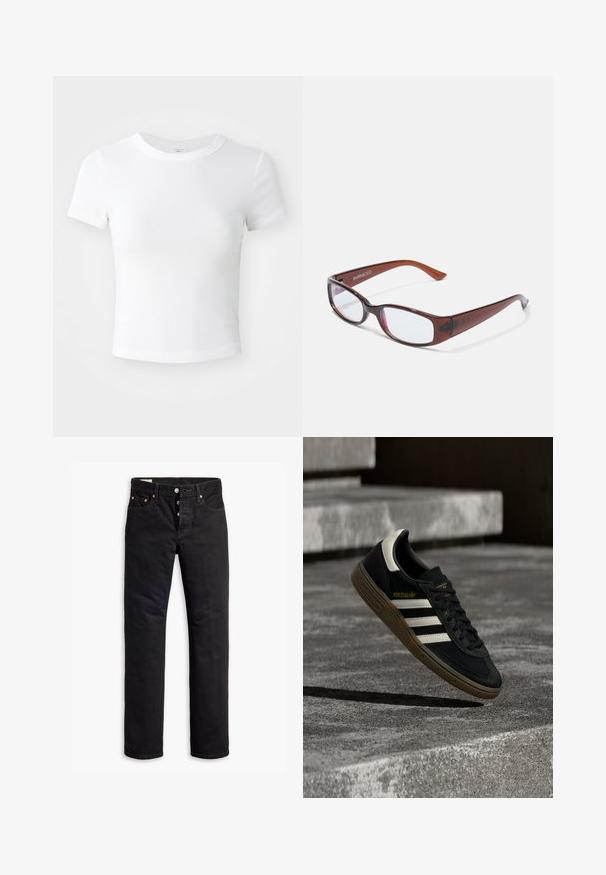 Simpel hvid kortærmet cropped t-shirt med rund halsudskæring, præsenteret på en neutral lys baggrund.; Sorte denimjeans med lige pasform, fem lomme-design og knaplukning. Har kobbernitter og syningsdetaljer.; Sort Adidas-sneaker med hvide striber og gummisåler, svævende over grå betontrapper i naturligt lys.; Brune-farvede rektangulære briller med en glat overflade, der har slanke arme og gennemsigtige linser. Logoet er synligt på venstre temple.