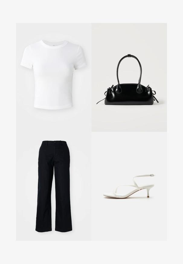 Λευκό κοντομάνικο cropped t-shirt με στρογγυλή λαιμόκοψη, τοποθετημένο σε ουδέτερο ανοιχτό φόντο.; Μαύρο παντελόνι με φαρδιά πόδια από βαμβάκι. Διαθέτει κλείσιμο με κουμπί μπροστά, θηλιές ζώνης και λείου υφάσματος. Χωρίς παρατηρήσιμα σχέδια ή αξεσουάρ.; Πέδιλο γυναικείο λευκό με λουράκια, χαμηλό τακούνι kitten και αγκράφα στον αστράγαλο, σε απλό λευκό φόντο.; Μικρή μαύρη γυαλιστερή τσάντα με δύο μακριές λαβές και λεπτομέρειες με ρυθμιζόμενο κορδόνι στο πλάι σε απλό ανοιχτό φόντο.