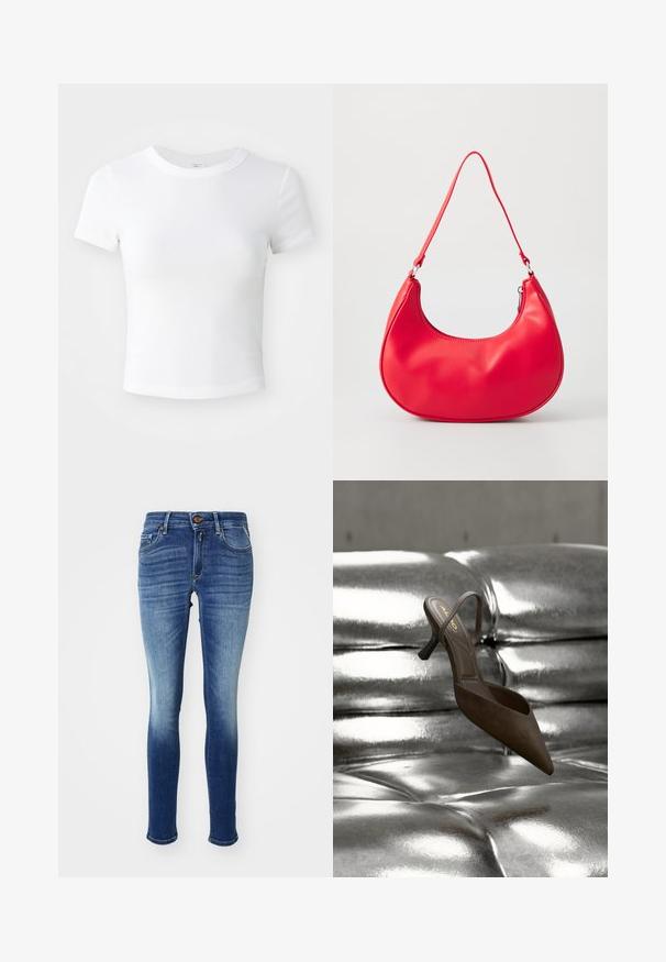 Effen witte cropped t-shirt met korte mouwen en ronde hals, weergegeven op een neutrale lichte achtergrond.; Skinny jeans in een aflopende blauwe denim, met vijf zakken, een knoopsluiting en subtiele vervaging naar de enkels. Klassiek design.; Bruine puntige schoen met een dunne riem, gemaakt van suède, met een kleine blokhak. Geplaatst op een glanzend metalen oppervlak.; Rode synthetische leren schoudertas met een gebogen vorm, slanke strap en een ritsluiting. Glad oppervlak met zichtbare stiksels.
