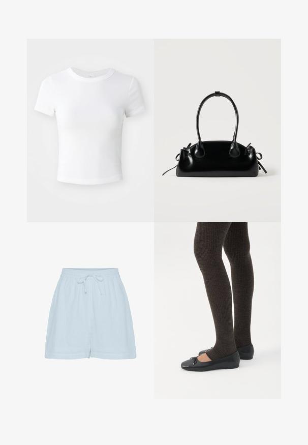 Simpel hvid kortærmet cropped t-shirt med rund halsudskæring, præsenteret på en neutral lys baggrund.; Lyseblå bomulds shorts med en afslappet pasform, elastisk talje og justerbar snor. Har blødt, tekstureret stof og sidesømme.; Ben iført mørke ribbede leggings kombineret med sorte balletsko med små sløjfedetaljer på hvid baggrund.; Lille sort blank håndtaske med to lange håndtag og snøre-detaljer i siden på en ensfarvet lys baggrund.