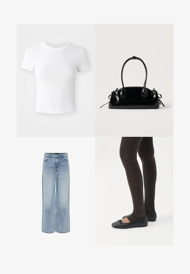 T-shirt courte à manches courtes, blanche, avec un col rond, présentée sur un fond neutre et lumineux.; Jeans en denim bleu clair à jambes larges avec taille haute, cinq poches et décoloration subtile. Comprend des passants de ceinture et une fermeture éclair.; Jambes portant des leggings côtelés foncés associés à des ballerines noires avec de petits détails en nœud sur fond blanc.; Petit sac à main noir brillant avec deux longues anses et des détails à cordon sur les côtés sur un fond clair uni.