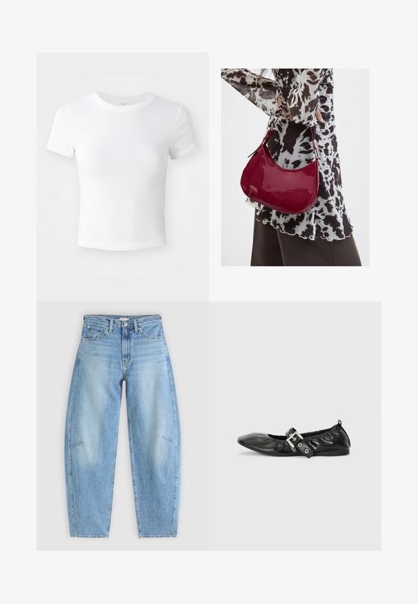 Effen witte cropped t-shirt met korte mouwen en ronde hals, weergegeven op een neutrale lichte achtergrond.; Lichtblauwe denim jeans met een relaxte pasvorm, met een hoge taille, rechte pijpen en subtiele stiksels op de voorzakken.; Zwarte leren platte schoen met een spitse neus, geplooide details rond de opening en een zilveren gespaccentueerde verstelbare band.; Vrouw met een zwart-wit gebloemde blouse houdt een glanzende rode schoudertas vast tegen een effen achtergrond.