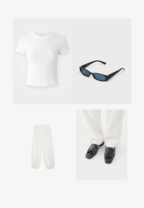 T-shirt courte à manches courtes, blanche, avec un col rond, présentée sur un fond neutre et lumineux.; Pantalon blanc ample avec taille élastique, cordon de serrage et poignets élastiqués froncés aux chevilles.; Mocassins en cuir noir avec pampilles, présentant des bouts carrés et des coutures décoratives, assortis à un pantalon blanc à jambes larges.; Lunettes de soleil noires avec une monture rectangulaire élégante et des verres bleus. Présente une texture lisse et des branches robustes. Logo de la marque sur le côté.