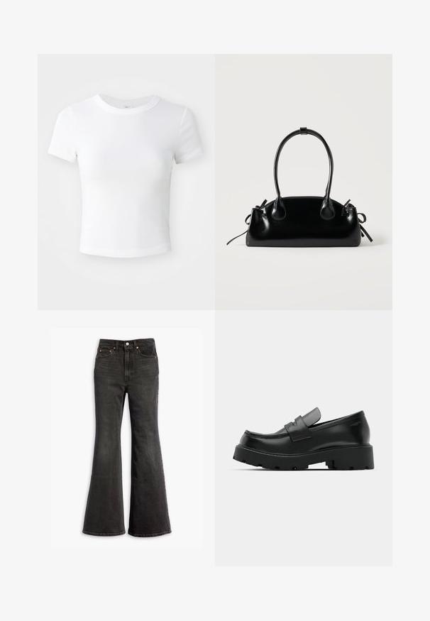 Effen witte cropped t-shirt met korte mouwen en ronde hals, weergegeven op een neutrale lichte achtergrond.; Zwarte high-waisted denim jeans met een flared leg, vijf-pocket ontwerp en koperen klinknagels.; Zwarte leren instappers met een chunky, gestructureerde zool, voorzien van een band over de voet en een gladde, gepolijste afwerking.; Kleine zwarte glanzende handtas met twee lange hengsels en zijkant trekkoord details op een effen lichte achtergrond.