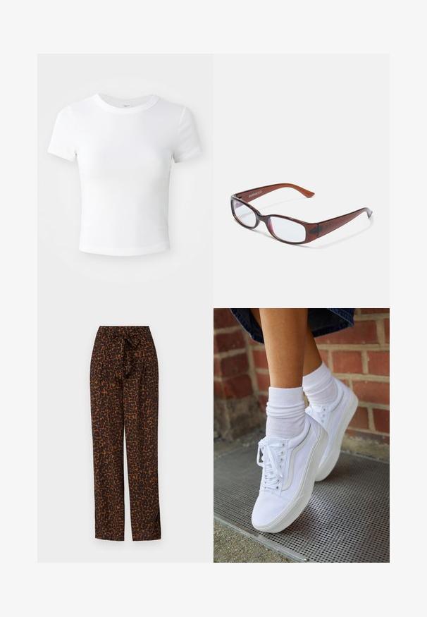 Simpel hvid kortærmet cropped t-shirt med rund halsudskæring, præsenteret på en neutral lys baggrund.; Brune og orange mønstrede bukser med et bindebælte, vid ben design, glat stof, med en abstrakt leopardprint tekstur.; Hvide lærreds sneakers med gummisåler, der har seks snørehuller, rund tå og let sømdetaljer, krydret med hvide ankelstrømper.; Brune-farvede rektangulære briller med en glat overflade, der har slanke arme og gennemsigtige linser. Logoet er synligt på venstre temple.