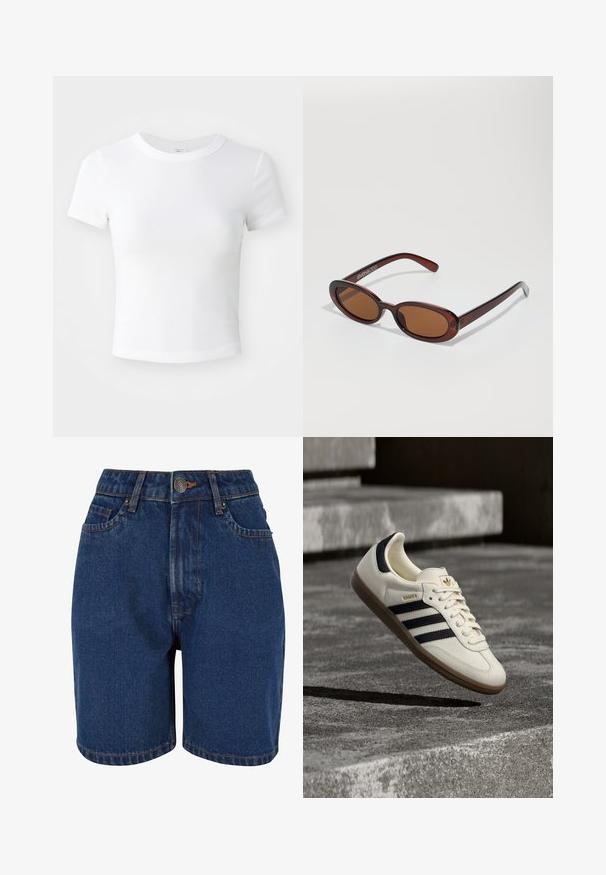 Camiseta corta de manga corta blanca, con cuello redondo, exhibida sobre un fondo neutral claro.; Shorts de denim en color azul oscuro, con cintura alta, diseño de cinco bolsillos y costuras en contraste de color naranja. La tela parece texturada.; Zapatilla blanca Adidas Samba con franjas negras y suela de goma, flotando sobre escalones de hormigón gris texturizado.; Gafas de sol redondas con tinte marrón y un marco burdeos brillante. Patillas delgadas con un sutil detalle de marca. Diseño de lentes planos.