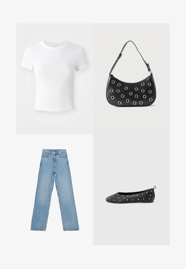 Simpel hvid kortærmet cropped t-shirt med rund halsudskæring, præsenteret på en neutral lys baggrund.; Lys blå denim jeans med høj talje, lige ben-design, der har fem lommer og en knaplukning. Ingen synlige mønstre.; Sort læder ballerina med små sølvnitter og en træksløjfe på hælen, vist fra siden mod en lysegrå baggrund.; Sort læder skuldertaske med justerbar rem, dekoreret med sølvfarvede metalnitter og lukning med øverste lynlås.