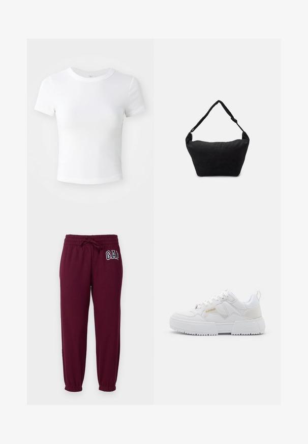 Λευκό κοντομάνικο cropped t-shirt με στρογγυλή λαιμόκοψη, τοποθετημένο σε ουδέτερο ανοιχτό φόντο.; GAP Petite HERITAGE - Παντελόνι φόρμας - ruby wine; Λευκά αθλητικά παπούτσια με χοντρή σχεδίαση, κατασκευασμένα από δέρμα και συνθετικά υλικά, με υφή, κορδόνια και ένα έντονο λογότυπο σε χρυσό.; Μαύρη υφασμάτινη τσάντα ώμου με μαλακή υφή, στρογγυλή μορφή και έναν μόνο ιμάντα. Μινιμαλιστικός σχεδιασμός χωρίς ορατό υλικό ή αξεσουάρ.