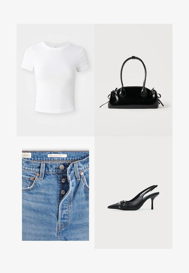 Simpel hvid kortærmet cropped t-shirt med rund halsudskæring, præsenteret på en neutral lys baggrund.; Lyseblå denim jeans med lige ankelpasform. Indeholder fem lommer, to metalknapper og synlig orange syning. Der er mærker til stede.; Sort læder højhælet sko med spidst tåparti, slingback og rem med spænde og nitter foran.; Lille sort blank håndtaske med to lange håndtag og snøre-detaljer i siden på en ensfarvet lys baggrund.
