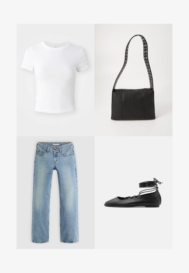 Weißes, kurzärmeliges, cropped T-Shirt mit Rundhalsausschnitt, auf einem neutralen, hellen Hintergrund präsentiert.; Hellblaue gerade geschnittene Jeans aus Denim, mit Knopfverschluss, fünf Taschen und subtiler Ausbleichung entlang der Beine.; Schwarzer flacher Ballettschuh aus Leder mit spitzer Kappe, mehreren dünnen Riemen über dem Spann und Schnürsenkeln, die um den Knöchel gewickelt sind.; Schwarze Lederhandtasche in rechteckiger Form, mit einem durchgängigen Reißverschluss und einem gepunkteten Tragegurt. Glatte Textur, minimale Nähdetails.