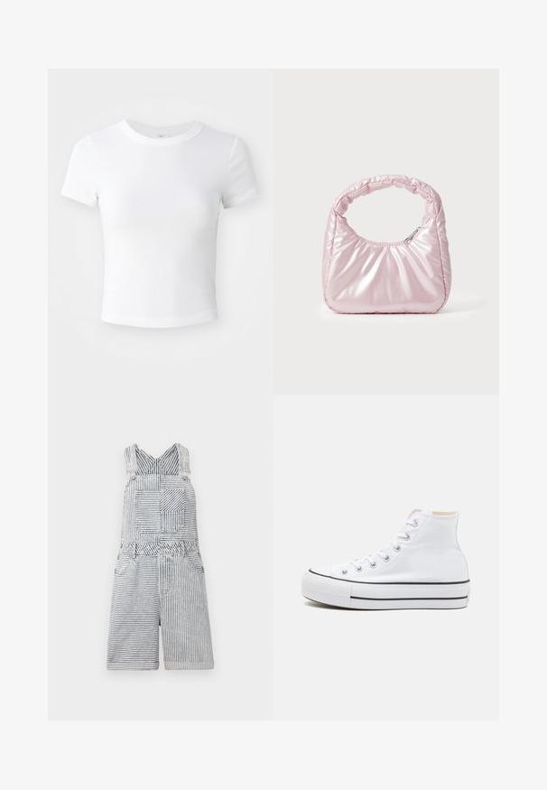 Effen witte cropped t-shirt met korte mouwen en ronde hals, weergegeven op een neutrale lichte achtergrond.; Gestreepte denim jumpsuit met een vierkante zak, verstelbare straps en een wijde halslijn. Heeft een relaxte pasvorm met een shorts-lengte.; Witte hoge sneakers van canvasmateriaal, zwarte rubberen zool en contrasterende zwarte streep op de tussenzool. Circulaire neus en vetersluiting.; Roze, gevoerde handtas met een afgeronde vorm, gemaakt van glanzend materiaal. Beschikt over een geplooide handgreep en een ritssluiting voor veilige toegang.