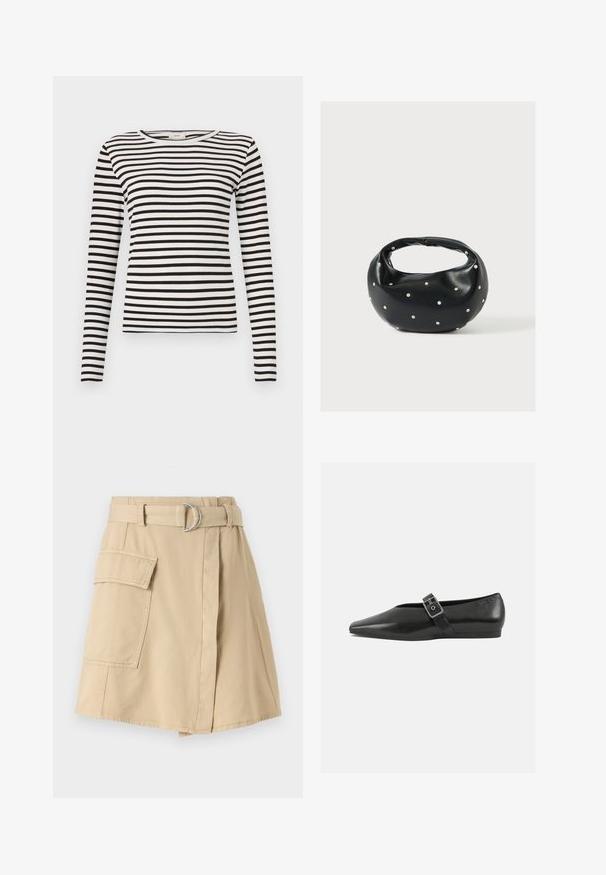 Chemise à rayures noires et blanches à manches longues avec un col rond et une texture côtelée ajustée. Largeur des rayures équilibrée sur l'ensemble.; Jupe en coton beige avec une poche latérale, taille ceinturée avec un anneau argenté, et une légère silhouette en A. Texture lisse et design simple.; Chaussure plate en cuir noir avec un orteil pointu, présentant une sangle à boucle métallique sur le cou-de-pied et une semelle basse et flexible.; Sac à main en cuir noir de forme arrondie, décoré de clous argentés et équipé d'une poignée courte. Texture lisse et fermeture éclair.