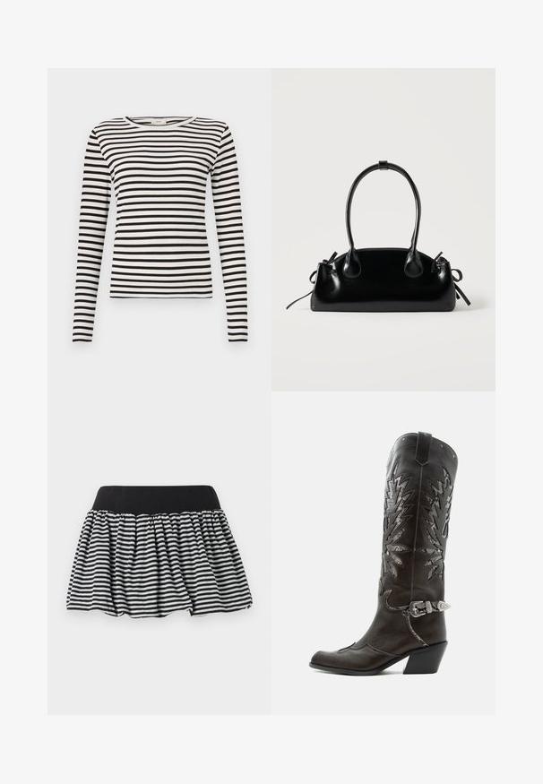 Chemise à rayures noires et blanches à manches longues avec un col rond et une texture côtelée ajustée. Largeur des rayures équilibrée sur l'ensemble.; Jupe à rayures noires et blanches avec un design plissé et une taille élastique, fabriquée en matériau doux. Présente une forme évasée pour plus de volume.; Botte de cowboy en cuir noir avec découpes décoratives, boucle argentée et talon incliné, présentée sur fond blanc.; Petit sac à main noir brillant avec deux longues anses et des détails à cordon sur les côtés sur un fond clair uni.