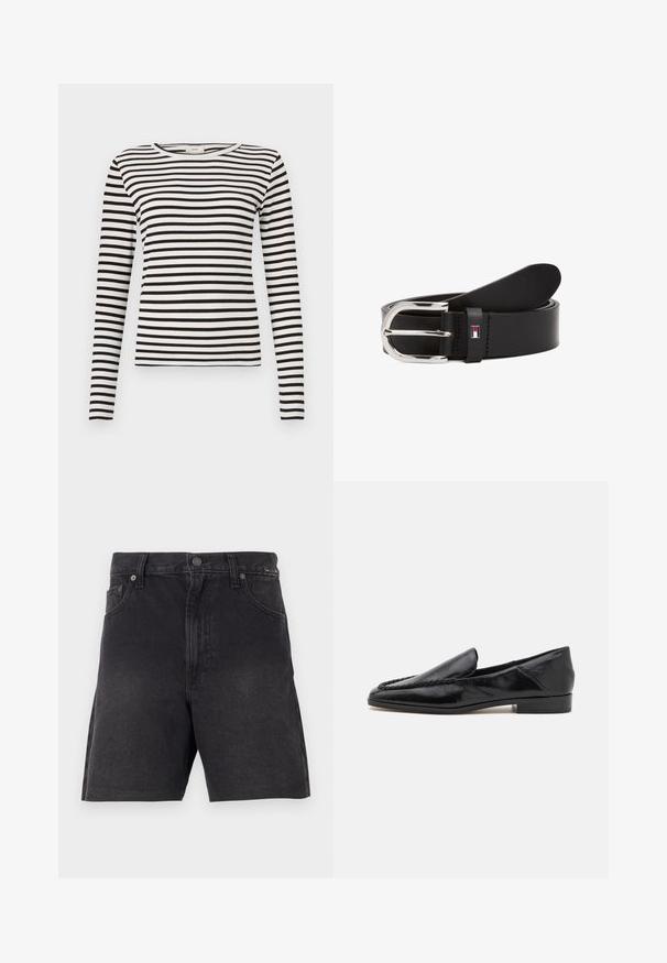 Sort og hvid stribet langærmet skjorte med rund halsudskæring og tætsiddende ribbet tekstur. Balanceret stribebredde over det hele.; Sorte denimshorts med lige snit, der har en knaplukning, frontlommer og et tekstureret stof. Minimalistisk design uden synlige mønstre.; Sorte læder loafers med en glat overflade, der har en syet detalje langs forkanten og en lav, firkantet hæl.; Sort læderbælte med en sølvspænde, der har et brandet accent fortil. Designet er slankt med en glat tekstur.