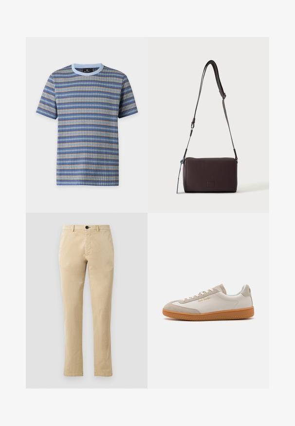 Kortærmet t-shirt med rund halsudskæring med vandrette striber i blå, beige og grå strikmønster og lyseblå krave.; Beige bomulds chinos med lige ben, der har en front knaplukning og diskrete syninger. Glat tekstur og uden mønstre.; Hvide og beige lavtoppede sneakers med gummisål, hvide snørebånd, detaljer i ruskind og guld "Paul Smith" logo på siden.; Mørkebrun textured læder crossbody taske med justerbar rem og lille dekorativ blå accent på siden.