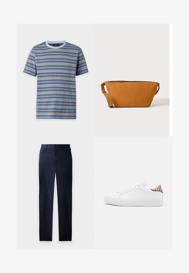 T-shirt met korte mouwen en ronde hals met een horizontaal blauw, beige en grijs gestreept gebreid patroon en een lichtblauwe kraag.; Marineblauwe, rechte broek gemaakt van soepel materiaal. Voorzien van een rits en knoopsluiting, en een subtiele zijzak. Geen zichtbare patronen.; Witte leren sneaker met een gladde afwerking, voorzien van een kleurrijke gestreepte accent op de hiel, gouden oogjes en een vlakke witte zool.; Lichtbruine leren crossbodytas met verstelbare band en ritssluiting, getoond tegen een effen lichte achtergrond.