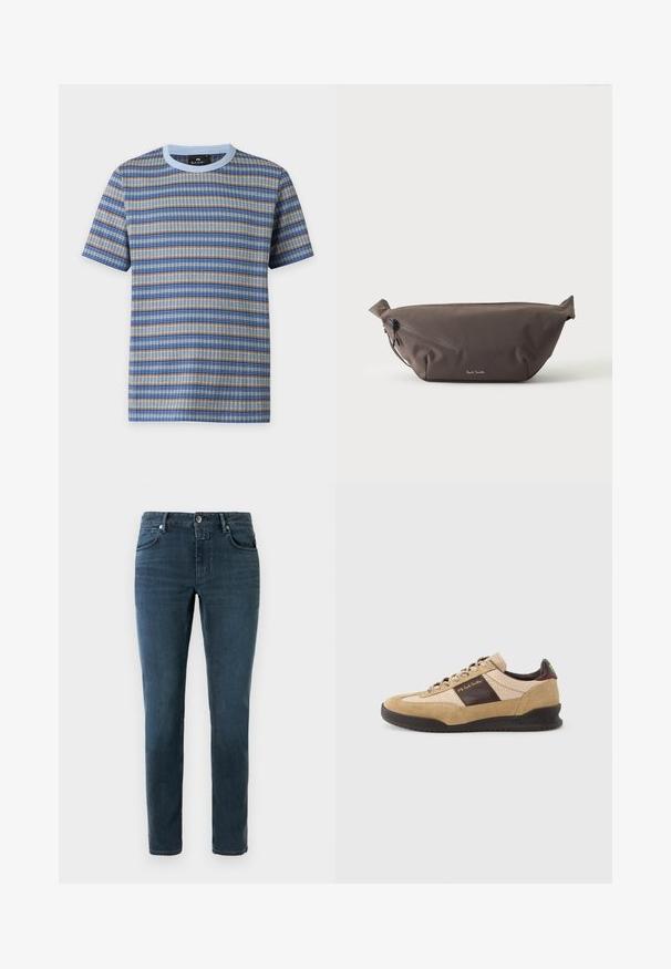 T-shirt à manches courtes avec col rond, motif tricoté à rayures horizontales bleu, beige et gris et col bleu clair.; Jeans bleu foncé à coupe slim, design à cinq poches et fermeture à bouton. Fabriqués en denim avec une texture lisse et un léger délavage.; Baskets en suède beige avec un panneau texturé marron, un talon marron contrastant et des lacets multicolores. Caractérisées par une semelle en caoutchouc noire et un logo doré.; Sac banane en tissu marron foncé avec poche zippée en diagonale et petit logo blanc sur le devant, sur un fond clair uni.