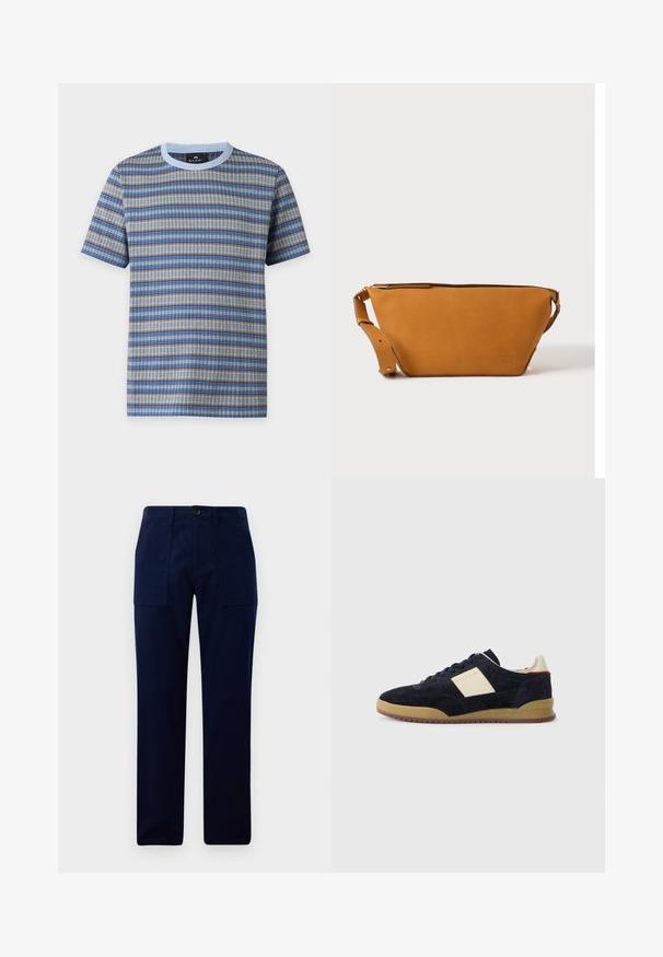 Camiseta de manga corta con cuello redondo con patrón de punto a rayas horizontales en azul, beige y gris, y cuello azul claro.; Pantalones rectos azul marino con grandes bolsillos frontales y un cierre de botón en la cintura.; Zapatillas de ante azul marino con panel lateral crema, suela de goma y cordones oscuros, que presentan la marca PS Paul Smith en el lateral y el talón.; Bolso bandolera de cuero marrón claro con correa ajustable y cierre de cremallera, mostrado sobre un fondo claro y liso.
