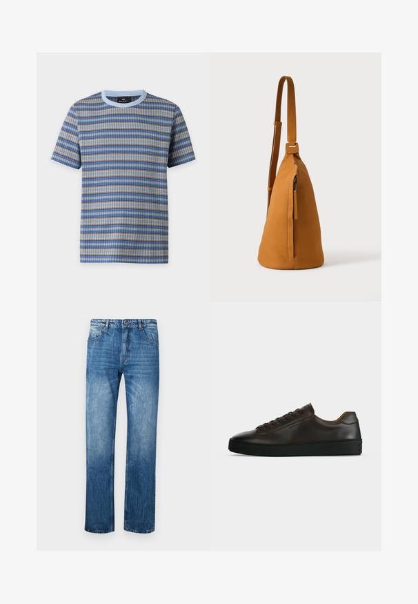 Kurzärmeliges T-Shirt mit Rundhalsausschnitt und horizontal blau-beige-grau gestreiftem Strickmuster sowie hellblauem Kragen.; Blaue Jeans aus Denim mit geradem Schnitt, ausgestattet mit fünf Taschen, Gürtelschlaufen und subtilen Ausbleichungen im Stoff.; Flach geschnittener dunkelbrauner Ledersneaker mit schwarzer Gummisohle, Schnürung vorne und schlicht-minimalistischem Design auf hellem Hintergrund.; Hellbraune Leder-Umhängetasche mit verstellbarem Trageriemen und vertikaler Reißverschlusstasche, von der Seite vor hellem, einfarbigem Hintergrund gezeigt.