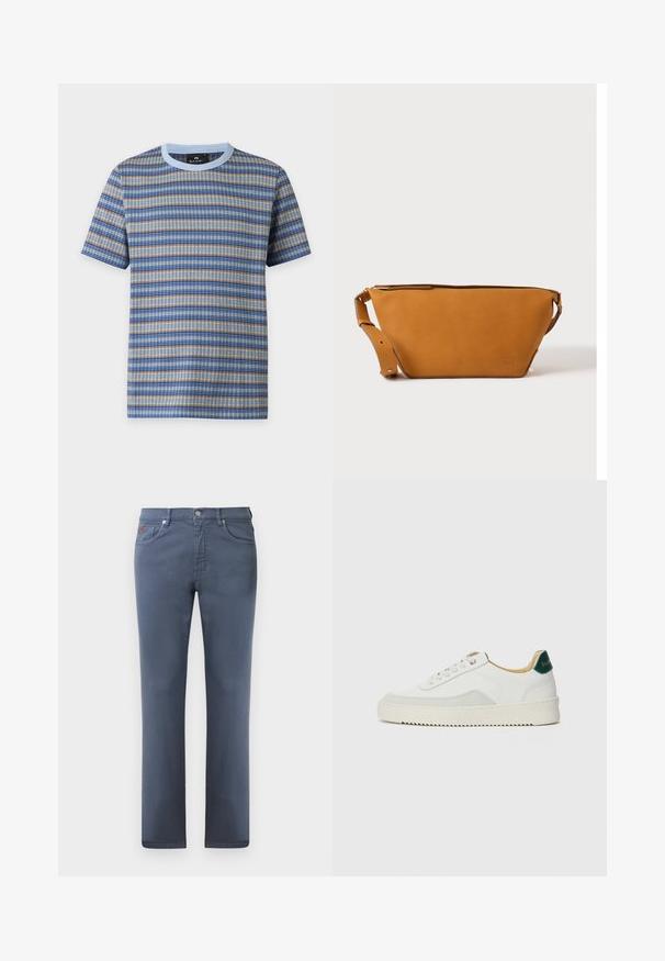 T-shirt met korte mouwen en ronde hals met een horizontaal blauw, beige en grijs gestreept gebreid patroon en een lichtblauwe kraag.; Grijze denim jeans met een rechte snit, vijf zakken en een metalen knoopsluiting. Bevat subtiele stiksels en een klein logo-detail.; Witte sneaker met suède accenten, ronde neus, platte veters en een crème rubberen zool. Bevat groene branding op de hiel.; Lichtbruine leren crossbodytas met verstelbare band en ritssluiting, getoond tegen een effen lichte achtergrond.