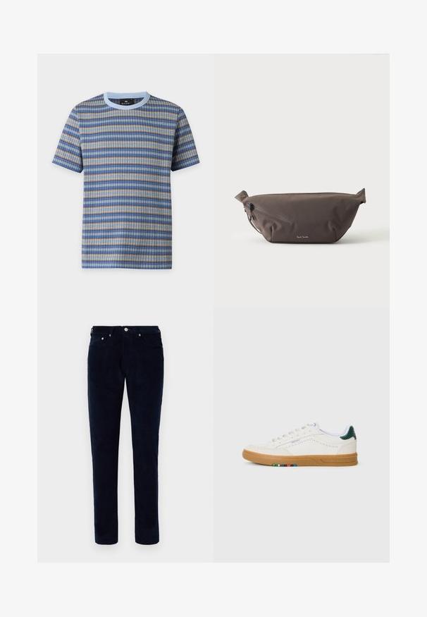 Kurzärmeliges T-Shirt mit Rundhalsausschnitt und horizontal blau-beige-grau gestreiftem Strickmuster sowie hellblauem Kragen.; Herren Slim-Fit dunkelblaue Cordhosen mit Front- und Gesäßtaschen, Gürtelschlaufen und Knopfverschluss.; Weiße Leder-Sneaker mit Perforationsdesign, Gummisohle, grünem Fersenakzent und buntem Streifenmuster an der Seite.; Dunkelbraune Stoff-Gürteltasche mit diagonalem Reißverschlussfach und kleinem weißen Logo vorne, vor einem einfarbigen hellen Hintergrund.