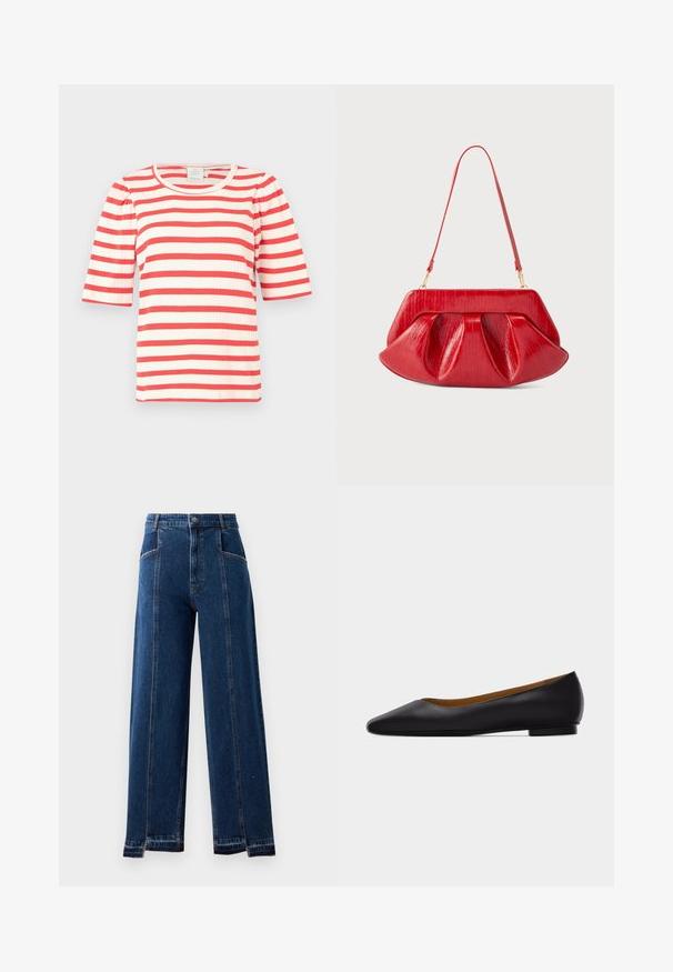 Rood-witte gestreepte korte mouw top met een ribbelstructuur en ronde halslijn. Poefmouwen voegen volume toe aan het ontwerp.; High-waisted, wide-leg jeans in donkerblauwe denim met voorzakken, contrasterende stitching en rafelige zoomdetails.; Zwarte leren puntschoen met lage hak en gladde afwerking, zijaanzicht op een lichtgrijze achtergrond.; Rode leren schoudertas met een gestructureerd frame, geplooide body en een dun verstelbaar hengsel tegen een effen achtergrond.