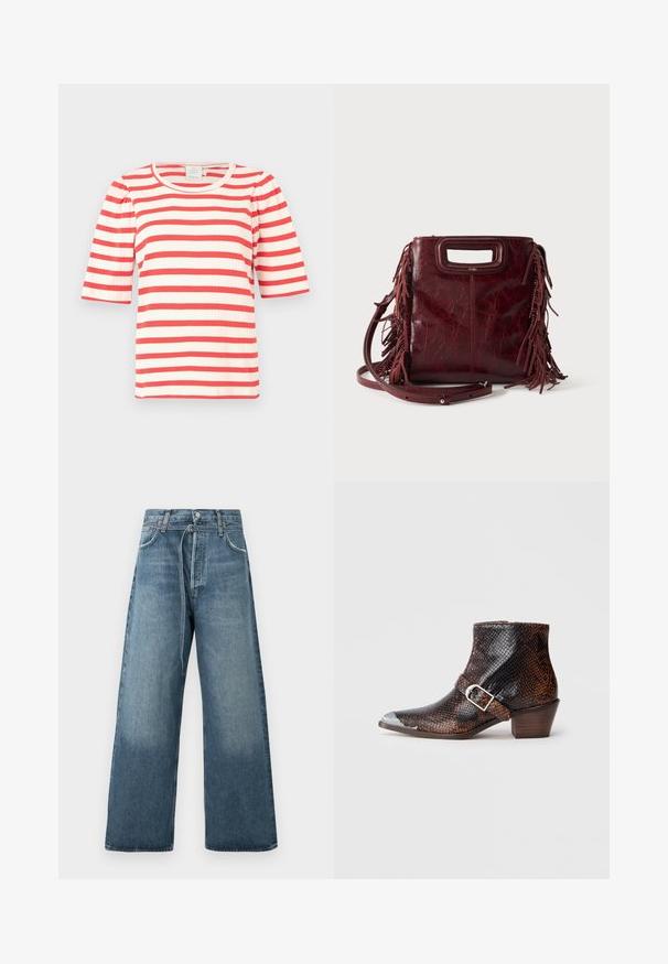 Haut à manches courtes rayé rouge et blanc avec une texture côtelée et un col rond. Les manches bouffantes ajoutent du volume au design.; Jeans évasés bleu en délavé, fabriqués en denim avec des accents de couture visibles et une fermeture à bouton à la taille.; Bottines à imprimé serpent noir et brun avec un embout en métal argenté, accent de boucle et un petit talon en bois. Texture lisse, design ajusté.; Sac à main carré en cuir bordeaux avec poignée découpée, détails de franges latérales et bandoulière réglable sur fond uni.
