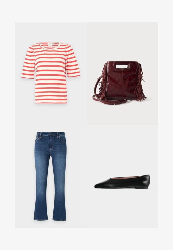 Haut à manches courtes rayé rouge et blanc avec une texture côtelée et un col rond. Les manches bouffantes ajoutent du volume au design.; Jean flare bleu foncé en denim, présentant un design classique à cinq poches, des passants de ceinture et des détails de décoloration subtils sur le tissu.; Chaussure plate en cuir noir pour femme, avec bout pointu et petit talon, vue de côté sur un fond gris clair uni.; Sac à main carré en cuir bordeaux avec poignée découpée, détails de franges latérales et bandoulière réglable sur fond uni.