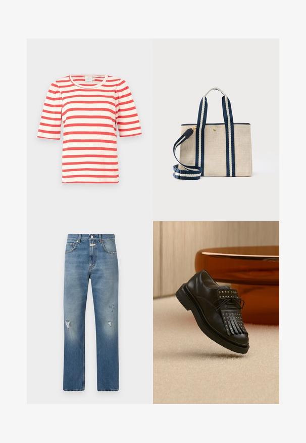 Rød- og hvidstribet kortærmet top med ribbet tekstur og rund halsudskæring. Puffærmer tilføjer volumen til designet.; Lysblå denimjeans med en løs pasform, der har slidte lapper og lynlås. Klassisk fem-lomme design og lige ben.; Sort læder snøresko med dekorativ frynse og metalnitter placeret på beige tæppe nær brunt møbel.; Beige stoftaske med navyblå og hvide stribede håndtag og aftagelig skulderrem, med en lille guldknap som lukning.