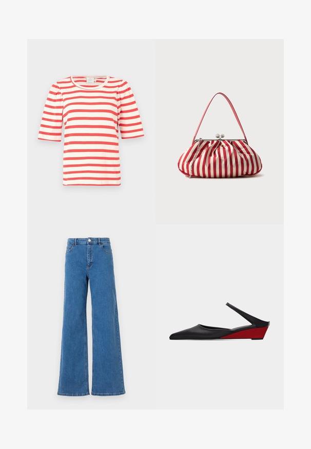 Punane ja valge triibuline lühikeste varrukatega topp, millel on ribakujuline tekstuur ja ümar kaelus. Puffvarrukad lisavad disainile volüümi.; Laiad sinised denim püksid kõrge vöökohaga, ees taskud ja nööbiga kinni. Kanga pind on sile ja klassikaline õmblusmustritega.; Mustad teravate varvastega avatud kontsaking puhta tausta ees, madala punase vahvlikontsaga ja õhuke pahkluu rihm.; Punase-valge vertikaalsete triipudega kangast rahakott hõbedase klambriga, õhuke käepide ja lisaks hõbedane kettaga rihm, asetatud ühevärvilisele taustale.