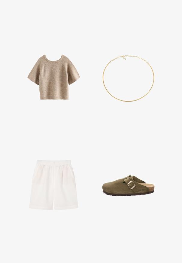 Suéter de punto corto de manga corta de color marrón claro, con mangas anchas y sueltas, y dobladillo y cuello acanalados.; Pantalones cortos blancos con cintura elástica, bolsillos laterales y un corte relajado, diseñados para uso casual.; Zuecos de gamuza verde con una correa ancha y hebilla de metal, plantilla de corcho y suela de goma. Presenta un pequeño orificio de ventilación en la parte superior.; Collar de tono dorado con un diseño curvado y suave, que cuenta con una cadena enlazada para ajustar la longitud y un cierre seguro.