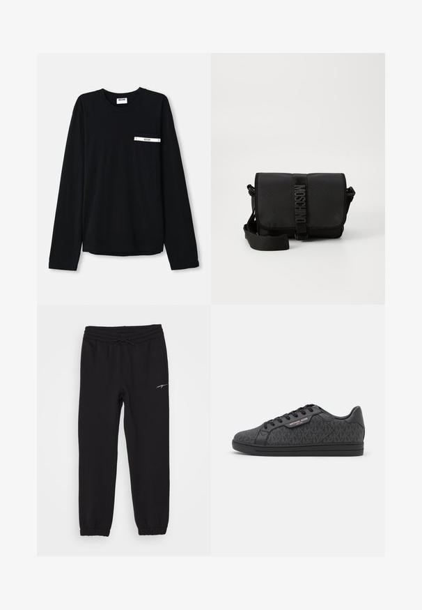 Sort langærmet t-shirt i bomuld. Har en lomme foran med en hvid accentstribe og logo. Enkel, klassisk model med rund hals.; Sorte sweatpants med elastisk talje og snor, med sidelommer og manchetter ved anklerne. Diskret hvid branding på benet.; Sorte sneakers med en tekstureret stofoverdel med et subtilt MK-mønster, sorte læderdetaljer og en sort gummisål.; Sort nylon crossbody taske med en klap, prydet med en fremtrædende logo-rem lukning, justerbar rem og sidelægninger.
