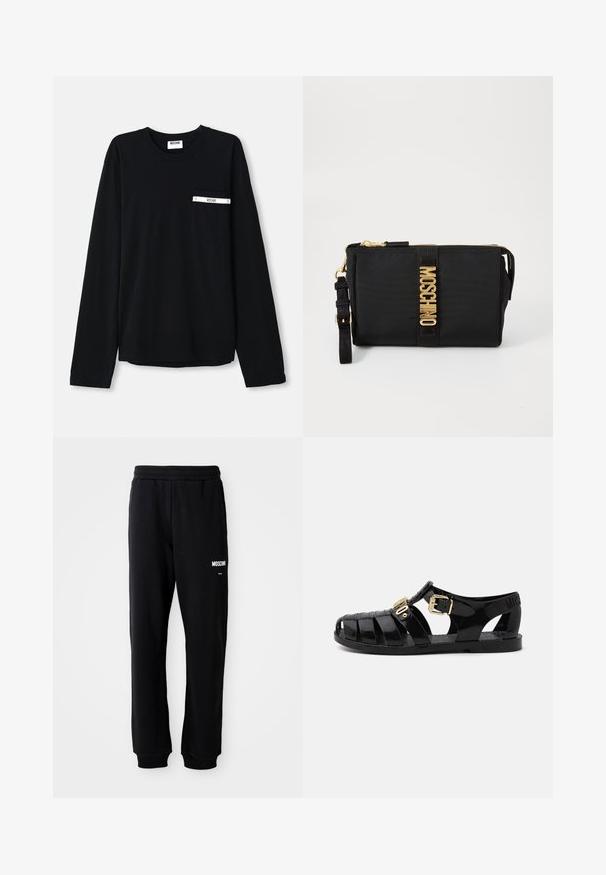 Camiseta negra de manga larga hecha de algodón. Cuenta con un bolsillo delantero con una franja blanca y logo. Diseño sencillo y clásico con cuello redondo.; Pantalones de chándal negros con un corte relajado, hechos de una tela suave. Presentan una cintura elástica y el logo blanco de "Moschino" en el muslo izquierdo.; Sandalias de goma negras con diseño perforado, que cuentan con un cierre de hebilla dorada y una plantilla texturizada. Logo estampado en el talón.; Clutch de nylon negro con herrajes dorados, que presenta una franja central con el logo. Incluye una correa detachable y cierre con cremallera para un uso seguro.