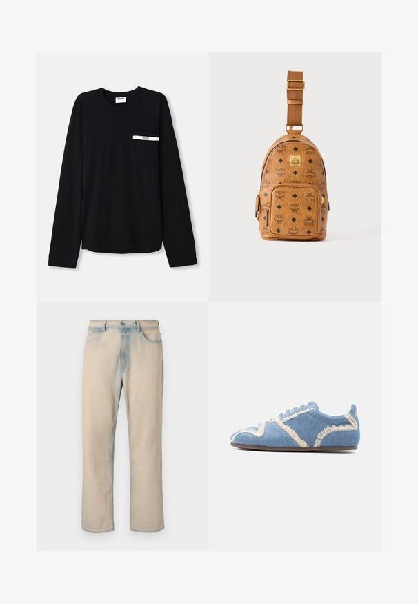 Schwarzes Langarm-T-Shirt aus Baumwolle. Verfügt über eine frontale Tasche mit weißem Akzentstreifen und Logo. Einfaches, klassisches Design mit Rundhalsausschnitt.; Helle beige Jeans aus Denim mit geradem Bein, verblassten blauen Akzenten, fünf Taschen und einem Knopfverschluss an der Taille.; Hellblauer Denim-Sneaker mit ausgefranstem beigem Besatz, weißen Schnürsenkeln und einer flachen braunen Sohle, seitlich auf einem einfarbigen Hintergrund gezeigt.; Kleine hellbraune Leder-Crossbody-Tasche mit verstellbarem Riemen, Frontreißverschlusstasche und sich wiederholendem schwarzem MCM-Logo-Muster.