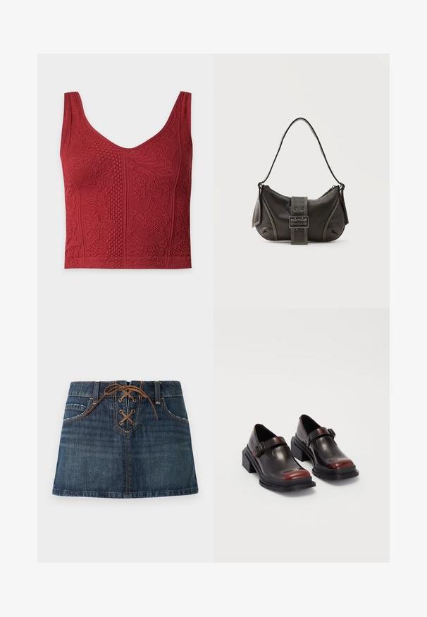 Rood gebreid cropped topje met een ronde halslijn en verhoogde bloem- en geometrische textuurpatronen over de hele stof.; Donkerblauwe denim minirok met voorzakken en een bruin veterdetail bij de tailleband.; Leren blokhak schoenen met een glanzende donkerburgundy afwerking, voorzien van een gespstrap en een rond neusstuk. Getextureerde zool voor grip.; Zwarte leren schoudertas met gespsluiting aan de riem, afgeronde hoeken en contrasterende witte stiksels op een effen achtergrond.