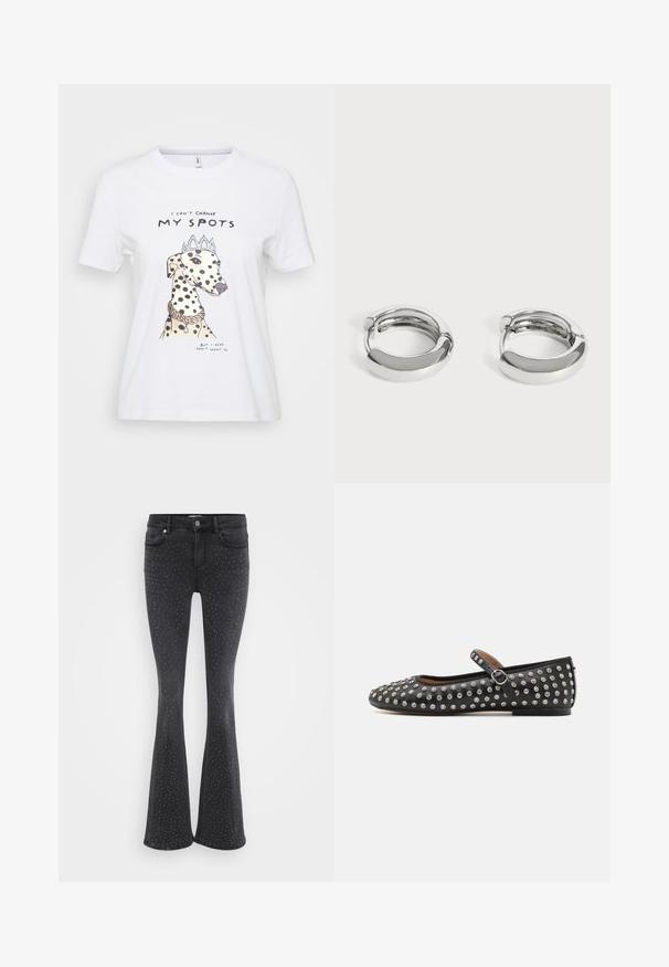 Hvid bomulds t-shirt med en illustreret hund med sorte pletter, iført en krone og halskæde. Teksten siger: "Jeg kan ikke ændre mine pletter."; Sort brede jeans lavet af denim, med metalpyntede detaljer overalt. Fem lommer og lukning med knap foran.; Sort læder flad sko med rund tå, der har en rem og sølvfarvede nitter jævnt fordelt over den øverste overflade.; Par små, skinnende sølv hoops med glatte, afrundede overflader på en ensfarvet hvid baggrund.