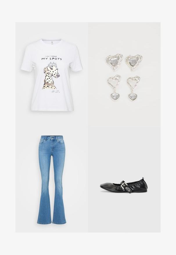 Witte katoenen t-shirt met een geïllustreerde hond met zwarte vlekken, die een kroon en een ketting draagt. De tekst luidt: "Ik kan mijn vlekken niet veranderen."; Lichtblauwe uitlopende denim jeans, voorzien van subtiele strass-bloemstukken, vijf zakken en een knoopsluiting in de taille.; Zwarte leren platte schoen met een spitse neus, geplooide details rond de opening en een zilveren gespaccentueerde verstelbare band.; Zilveren hartvormige oorbellen hebben facetteerbare heldere stenen en een textuurframe. De set bevat stud- en hangende stijlen.