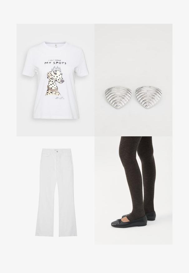 Witte katoenen t-shirt met een geïllustreerde hond met zwarte vlekken, die een kroon en een ketting draagt. De tekst luidt: "Ik kan mijn vlekken niet veranderen."; Witte flared jeans van katoenen denim, met twee voorzakken, een rits en een metalen knoop. Glad textuur met minimale details.; Benen met donkere geribbelde leggings gecombineerd met zwarte ballerina's met kleine strikdetails op een witte achtergrond.; Zilverkleurige oorknoppen met een golvend, getextureerd ontwerp, gevormd als overlappende maanschijven; de gepolijste afwerking versterkt de reflecterende kwaliteiten.