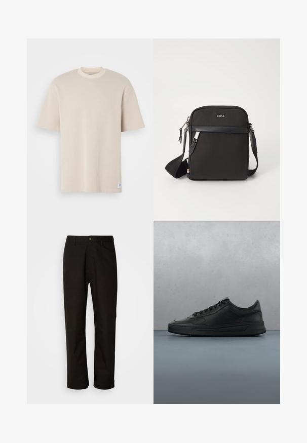 Beige geripptes T-Shirt mit rundem Halsausschnitt und kurzen Ärmeln, versehen mit einem sichtbaren Markenlabel in der unteren linken Ecke.; Schwarze Baumwollhosen mit geradem Schnitt, Gürtelschlaufen, einem Reißverschluss vorne und einem einzelnen Knopfverschluss. Glatte Textur ohne sichtbare Muster.; Schwarze Sneaker mit glattem Lederobermaterial, runder Zehenpartie, flachen Schnürsenkeln, gepolstertem Kragen und minimalistischem Design. Gummisohle mit subtiler Profilierung.; Schwarze Umhängetasche aus strukturiertem Stoff, mit Logo auf der Vorderseite, Reißverschluss und verstellbarem Tragegurt. Verfügt über eine glatte Lederbesatz.