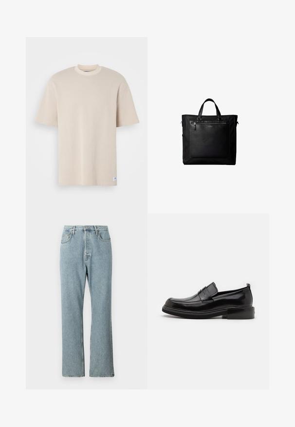 T-shirt beige à côtes avec un col rond et des manches courtes, avec une étiquette de marque visible en bas à gauche.; Jeans en denim bleu clair à taille haute, avec des jambes droites larges et des coutures simples. Comprend cinq poches et une fermeture à bouton classique.; Calvin Klein MOCCASIN - Mocassins de ville - black; Sac cabas noir avec doubles poignées, grande poche avant en cuir avec fermeture éclair et logo discret Calvin Klein au centre de la poche.