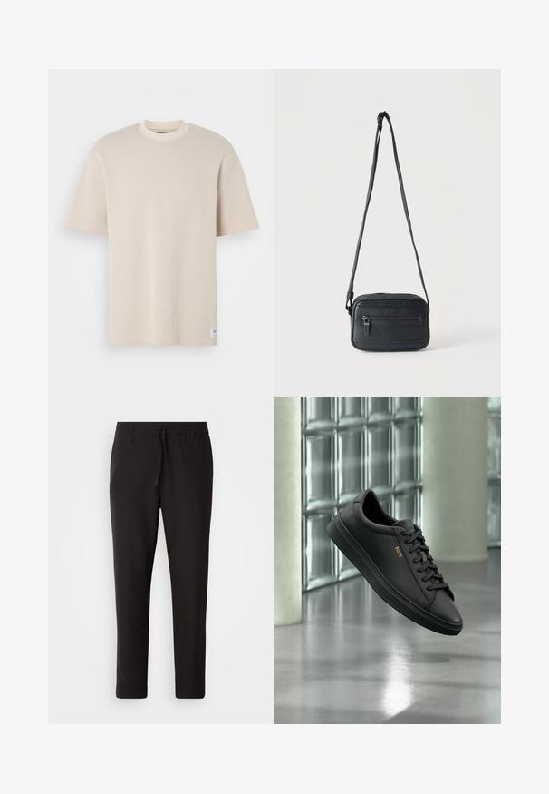 T-shirt beige à côtes avec un col rond et des manches courtes, avec une étiquette de marque visible en bas à gauche.; Pantalons de jogging noirs en tissu lisse. Dotés d'une taille élastique avec cordon de serrage, jambes fuselées, et sans poches visibles. Design simple.; Baskets basses en cuir noir avec lacets noirs et logo BOSS doré sur le côté, flottant au-dessus d’un sol gris brillant dans un espace intérieur moderne.; Sac bandoulière noir avec une poche zippée à l'avant, surface texturée et bandoulière réglable suspendu sur un fond clair uni.