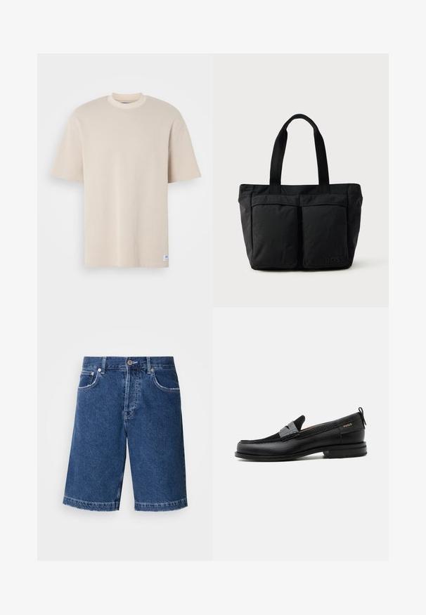 Beige ribbet t-shirt med rund hals og korte ærmer, der har et synligt mærkelabel i nederste venstre hjørne.; Denim shorts i mørkeblå, med lige skæring, to forlommer og en klassisk knappelukning. Syet kant med let falmning.; Sort læderloafer med grå remdetalje, lav hæl og tekstureret sål, mærket med "HUGO" i guld på siden.; Sort tote bag med blødt stof, to forlommer og robuste håndtag. Logo vist på siden. Enkel, funktionel design.